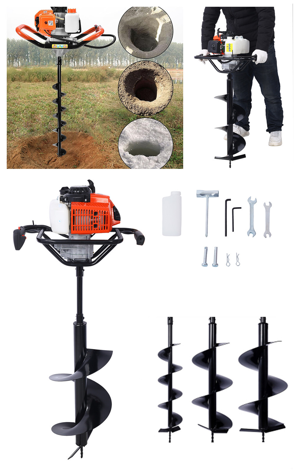 63CC Gas Powered Auger Post Hole Digger with / 6" 10" 12" Earth Auger Drill Bits