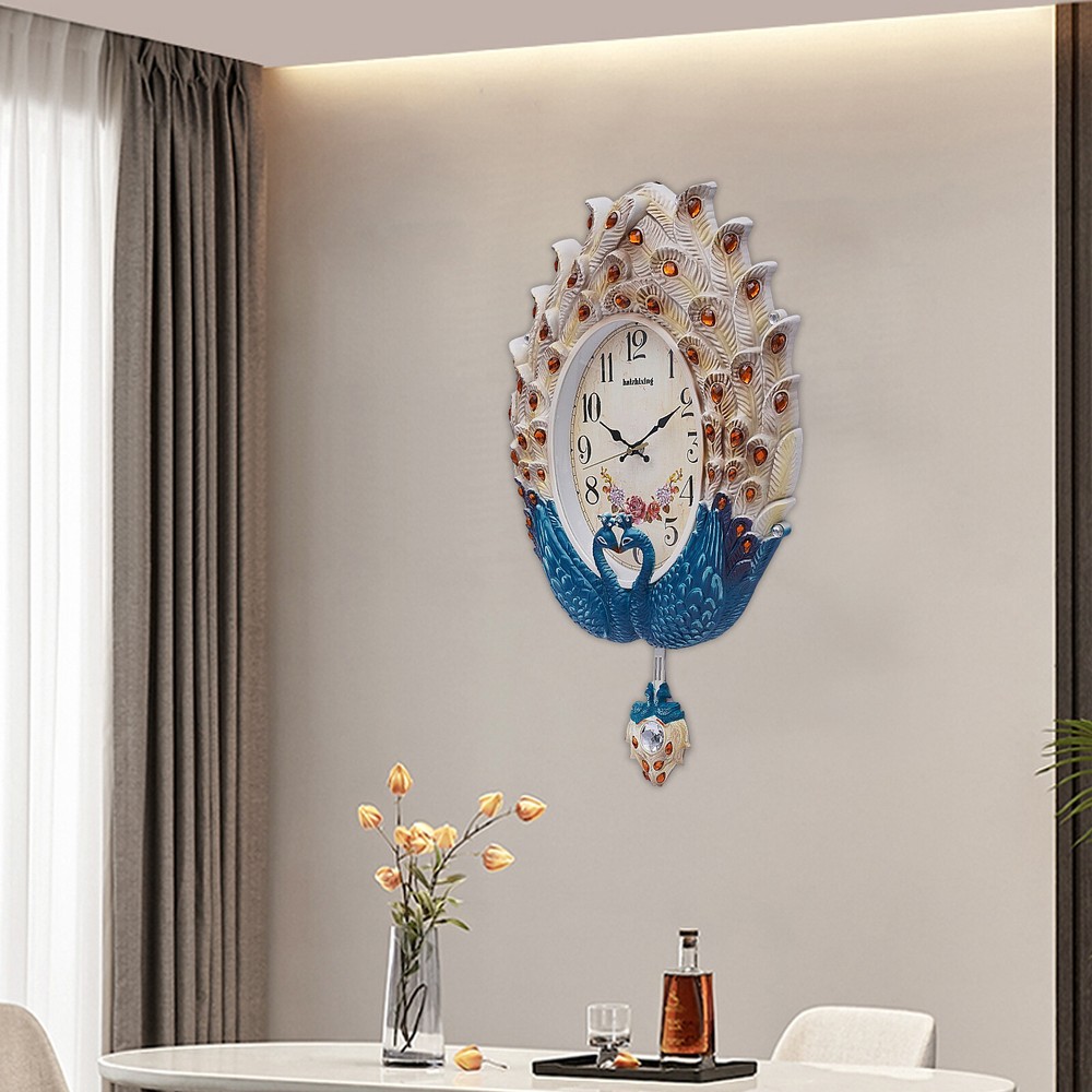 Clock Wall Decor for Living RoomTeal Silent Elegant Pendulum Clock with Crystal