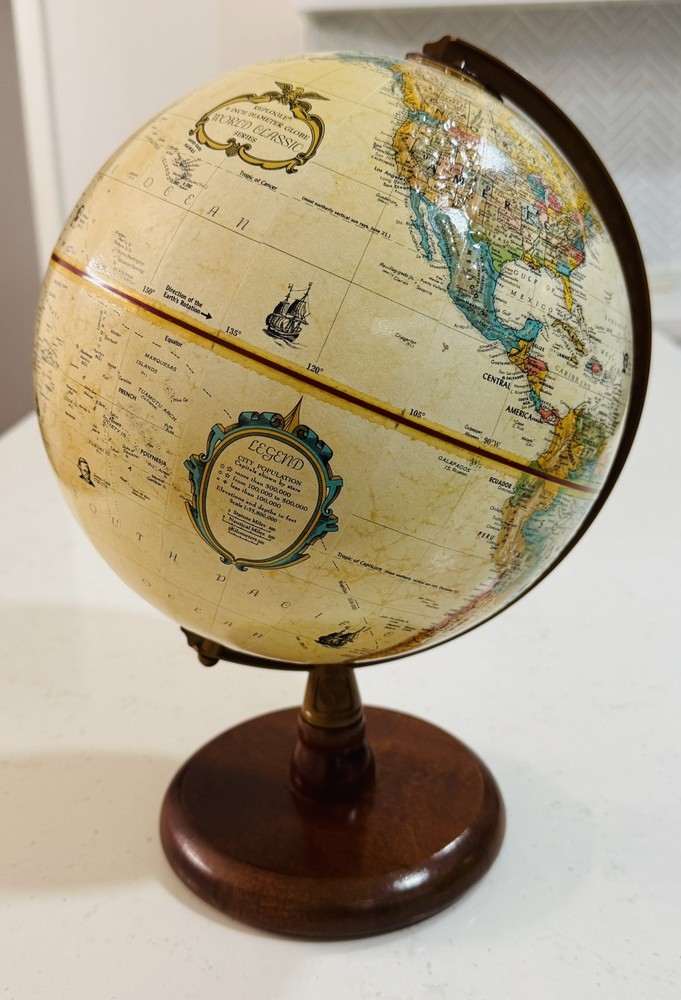 Vintage Replogle Rotating World  Globe Desktop Wood Base