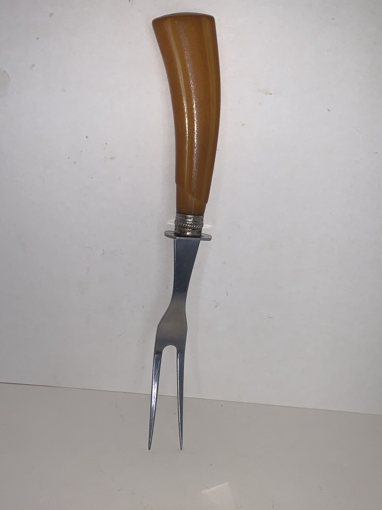 Vintage Meat Serving Fork Bakelite Butterscotch Handle