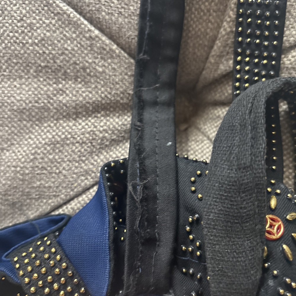 Vtg Peacock Drawstring Black Beaded Boho Hippy Purse FLAW