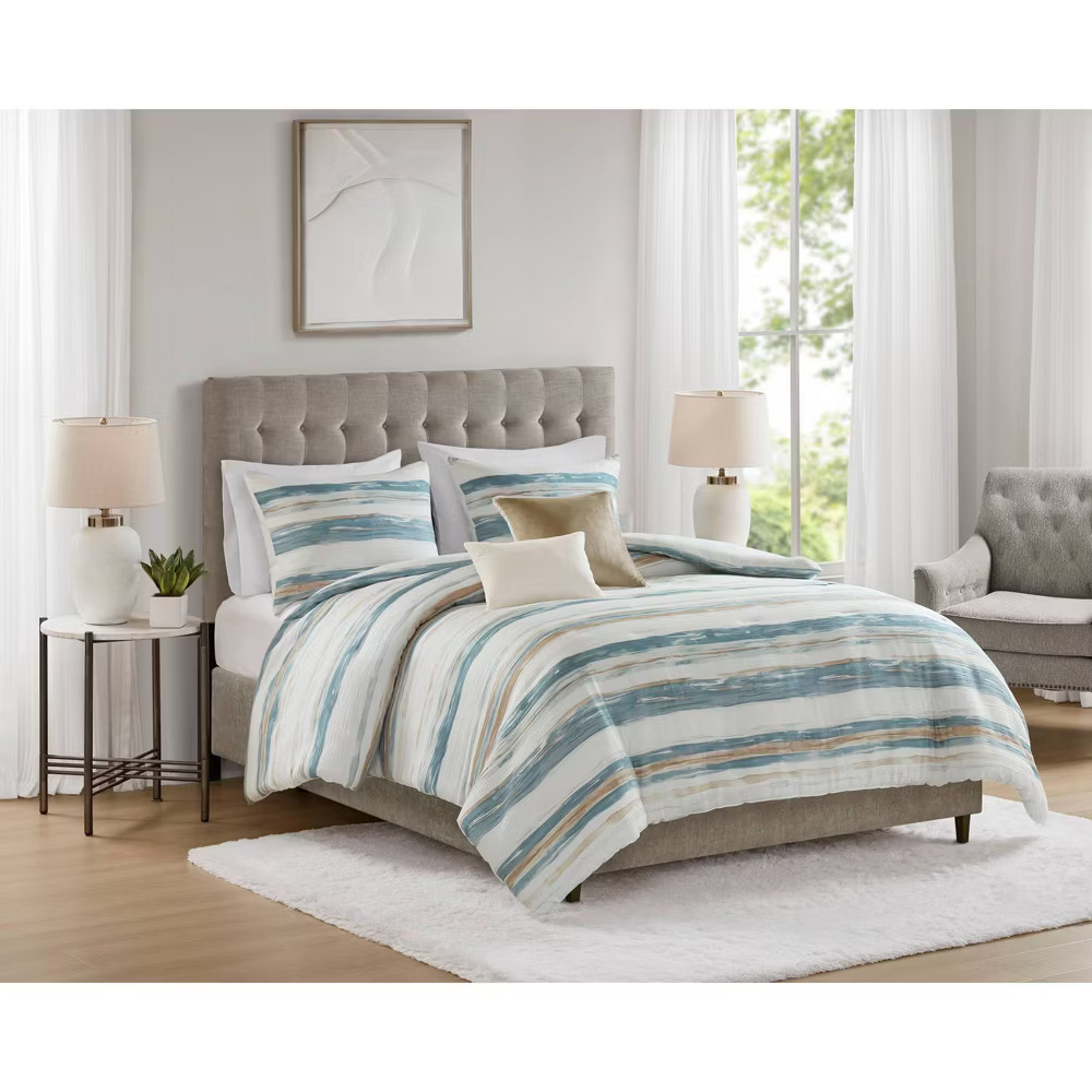 5pc Queen Watercolor Striped Bedding Set Blue