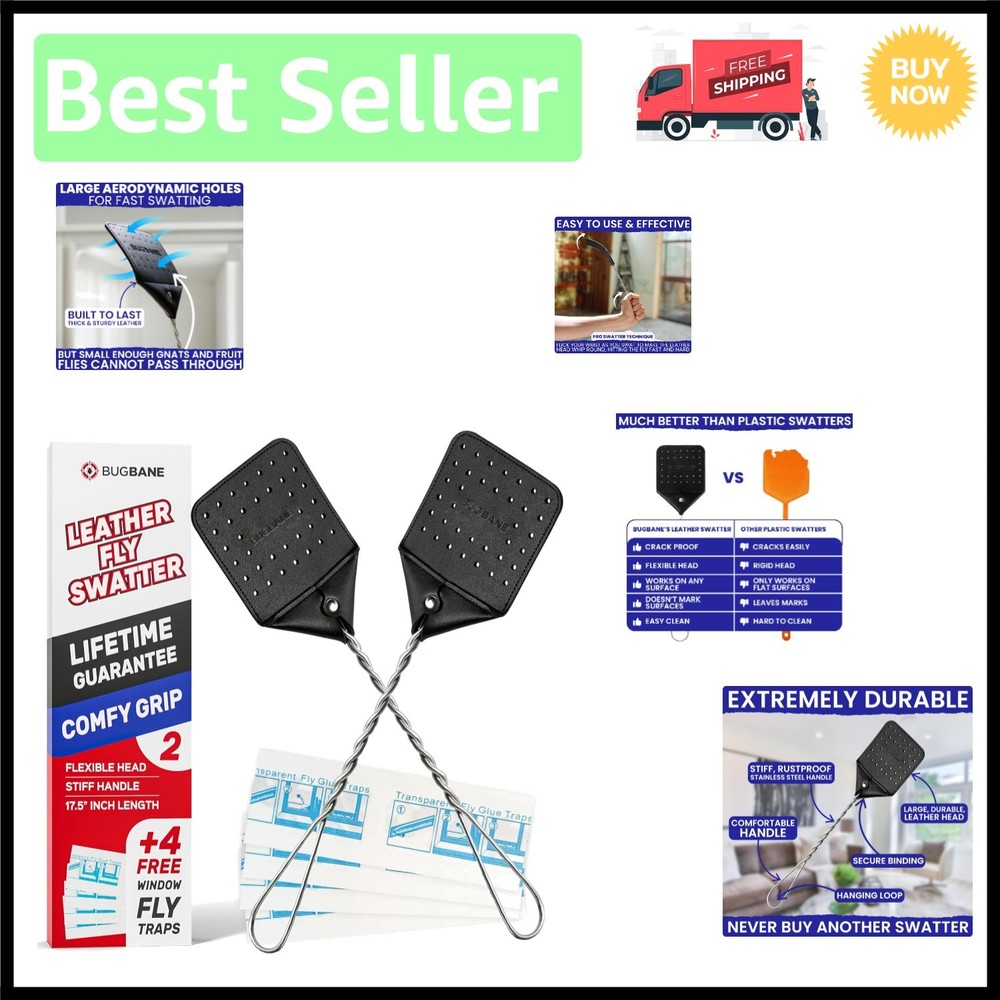 Elegant 2-Pack Leather Fly Swatter with Long Handle & Window Bug Traps