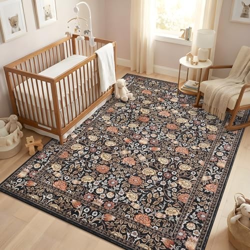 GarveeHome Brown Vintage Floral 5' x 7' (Rectangular), A / Black