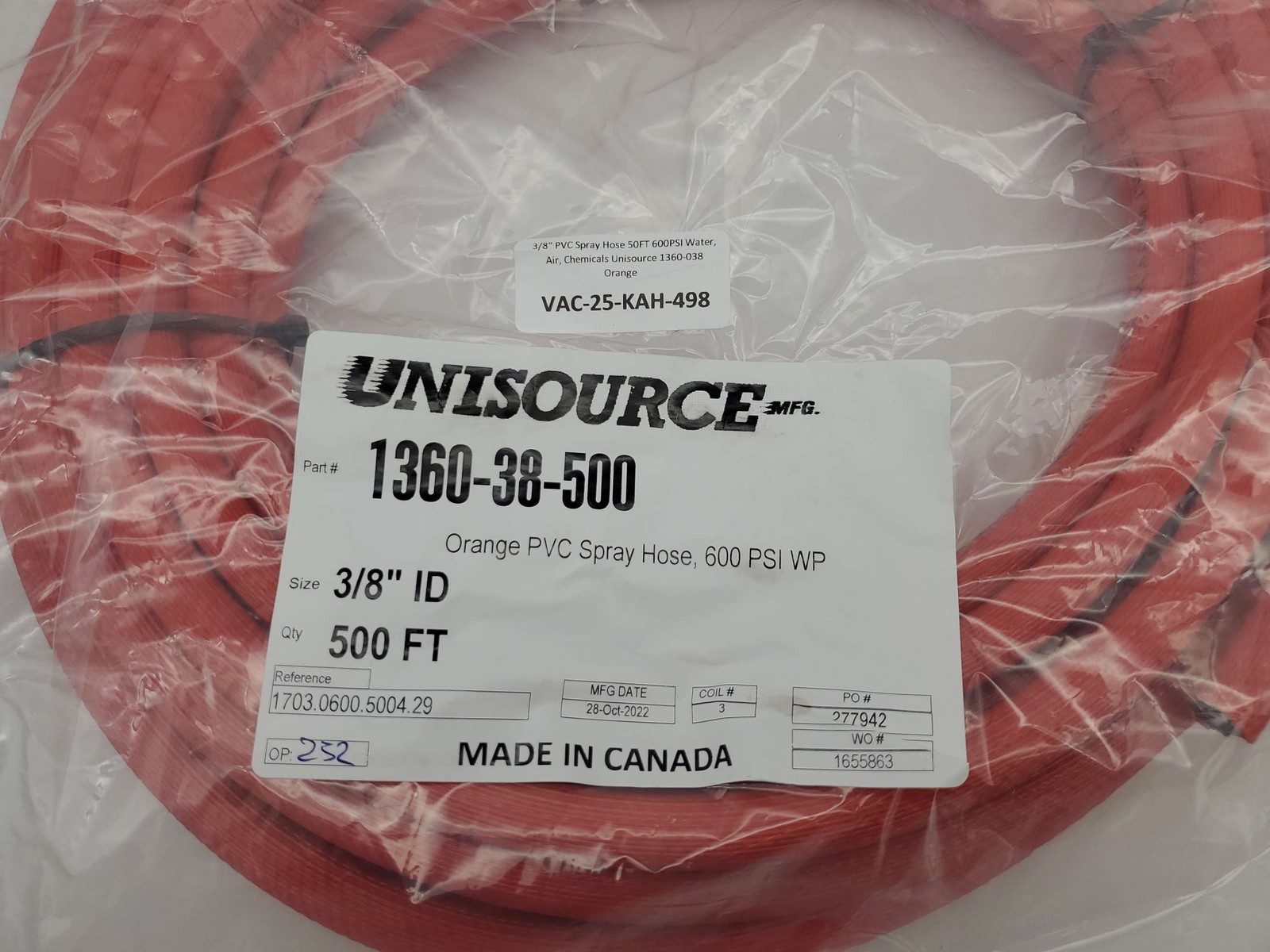 3/8" PVC Spray Hose 50FT 600PSI Water, Air, Chemicals Unisource 1360-038 Orange
