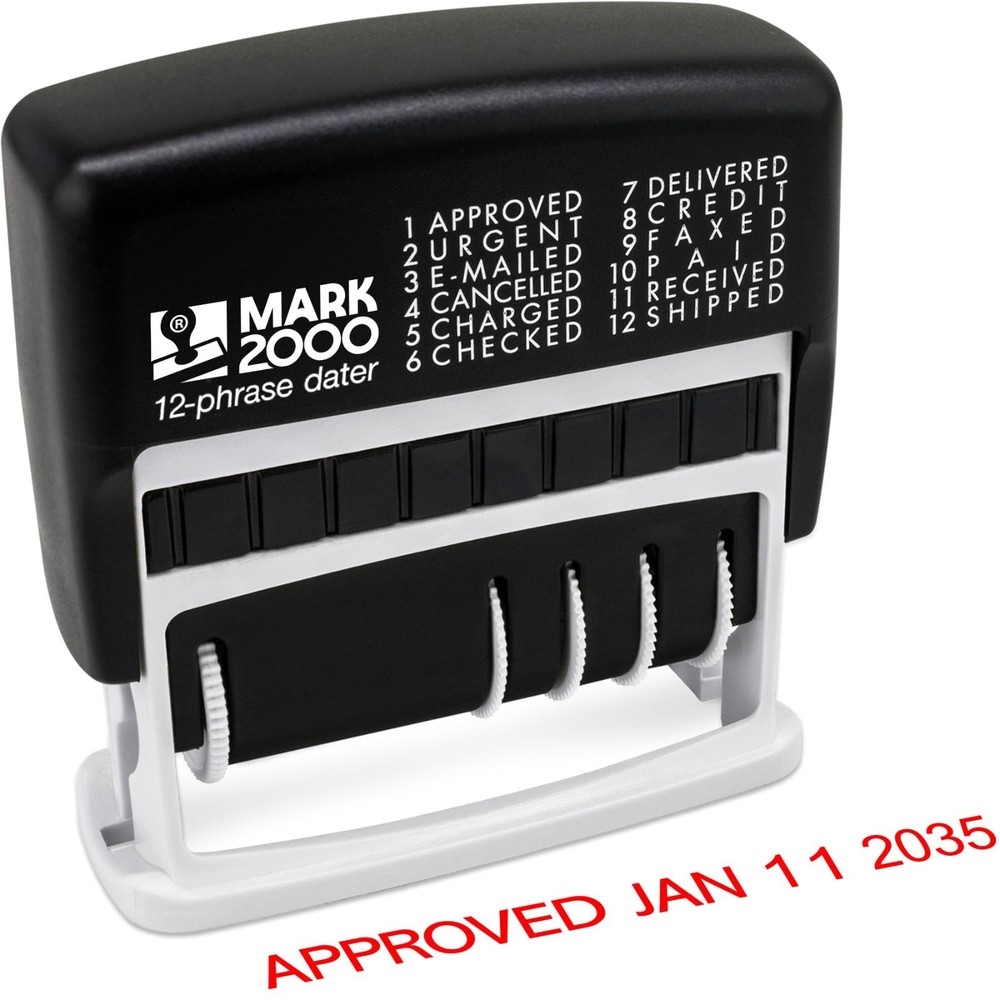 12-Phrase Self-Inking Date Stamp - Customizable Red Ink Office Tool