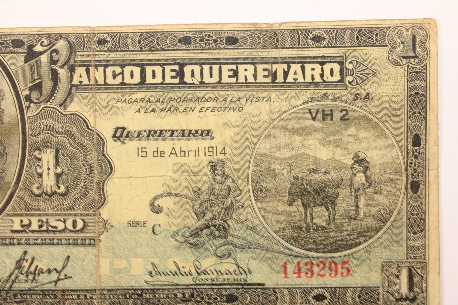 Mexico/Queretaro 1 Peso 15.4.1914 Series VH 2 Circulated Banknote, Fine #0388