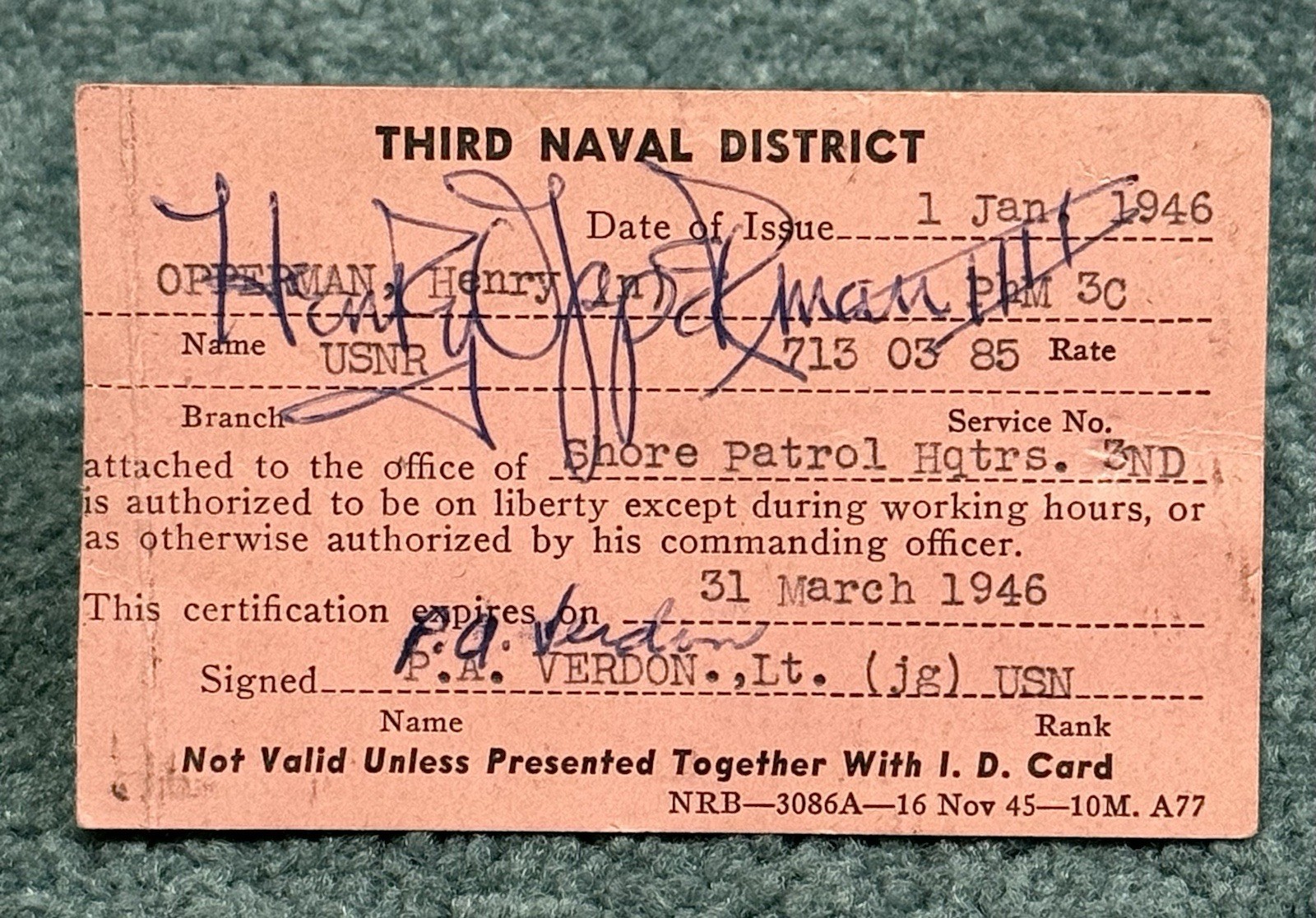 Original WWII Era 1946 US Navy Shore Patrol Badge Grouping W Dog Tag & ID Cards