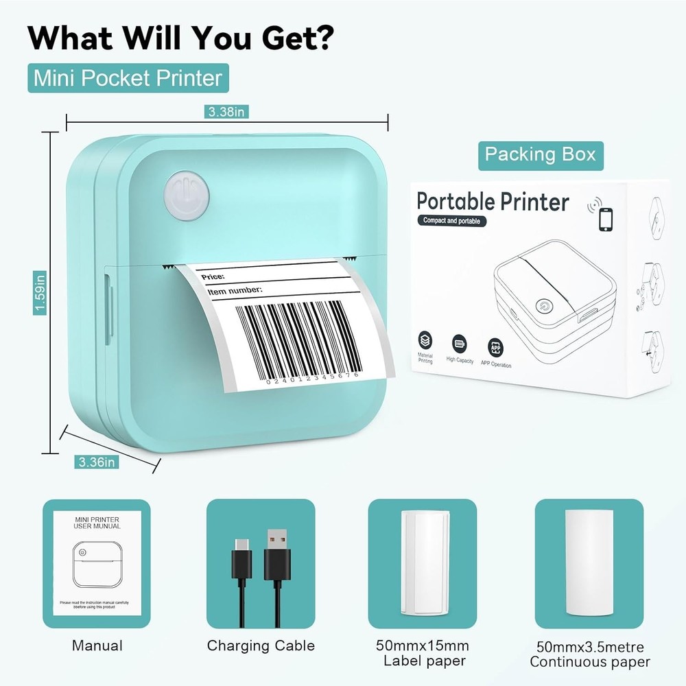 Mini Label Maker Machine with Tape, 2 Inch Bluetooth Themal Printer Inkless