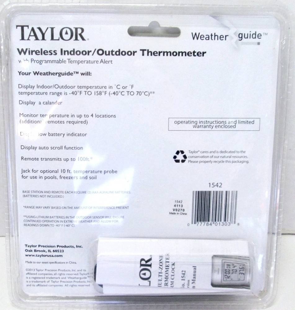 Taylor Wireless Indoor/Outdoor Thermometer with Programmable Temperature Alert