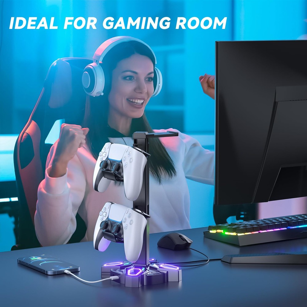 Gaming Headphone Stand Rotatable Light Modes with USB Ports & Controller Holder