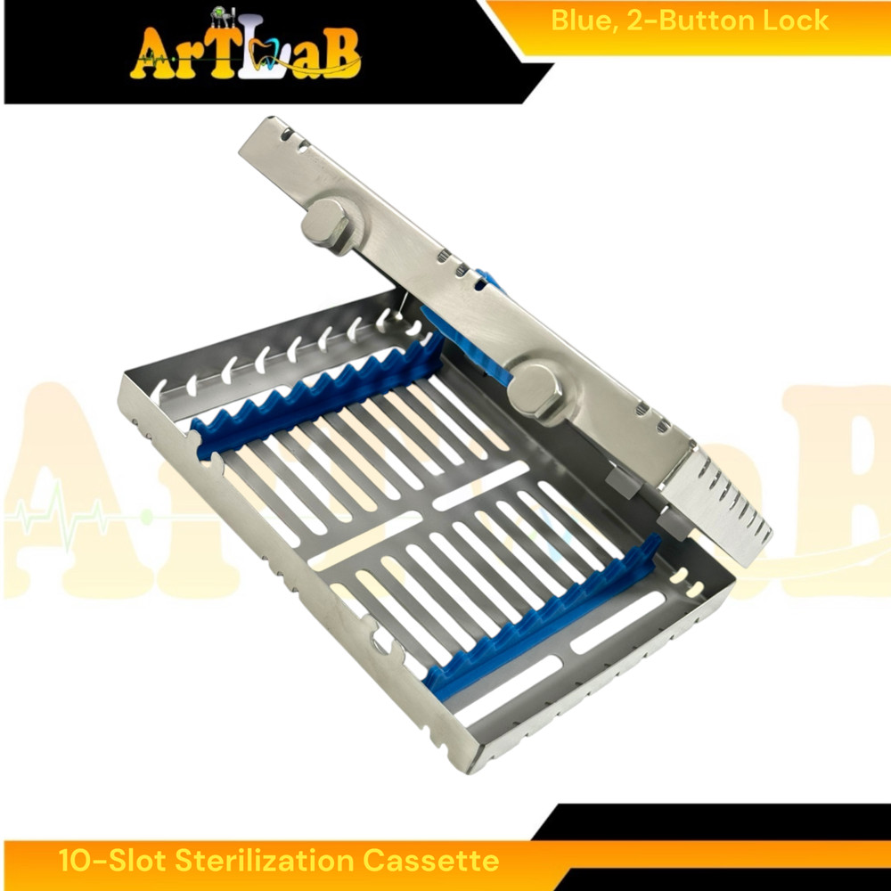 Double-Button Sterilization Cassette for 10 Instruments, Dental, Veterinary Blue