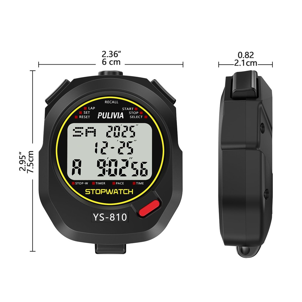 PULIVIA Sports Stopwatch Timer 10 Lap Split Memory 8-10 lap/split, Black