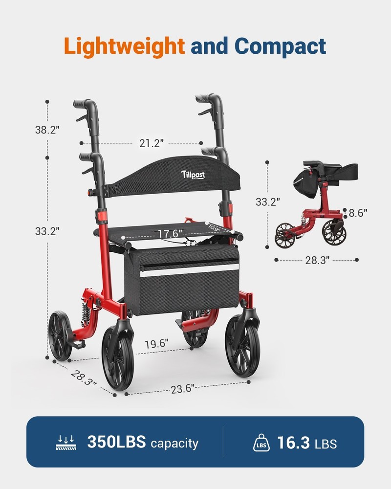 Seniors Walker Rollator Safe Foldable Adjustable Shock-Absorbing for All Terrain