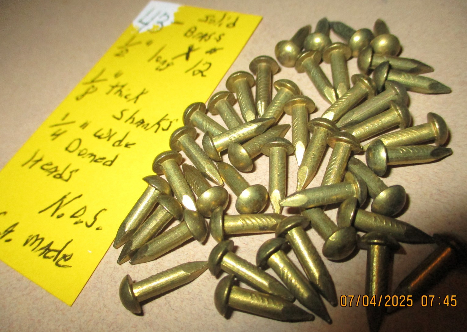43--NICE VINTAGE 1/2" X #12, SOLID BRASS ESCUTCHEON PINS NAILS, ROUND DOME HEADS