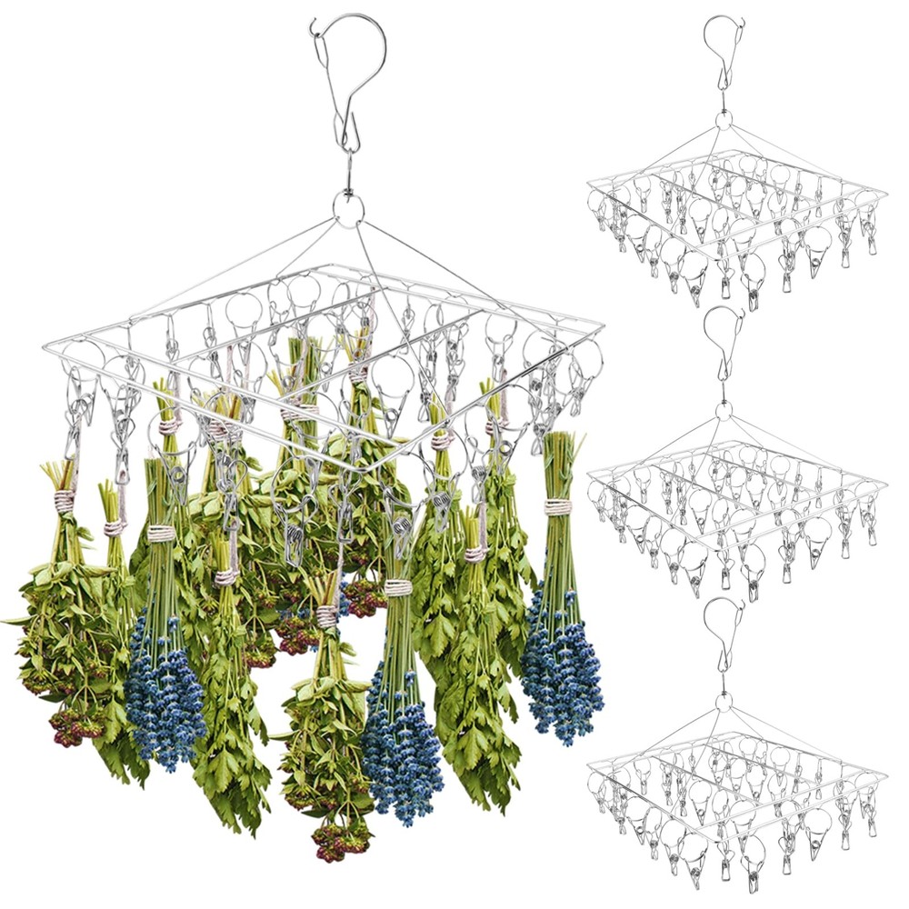 4-PCS Hanging Herb Drying Rack, Stainless Steel, 40 Hooks, Space Saving