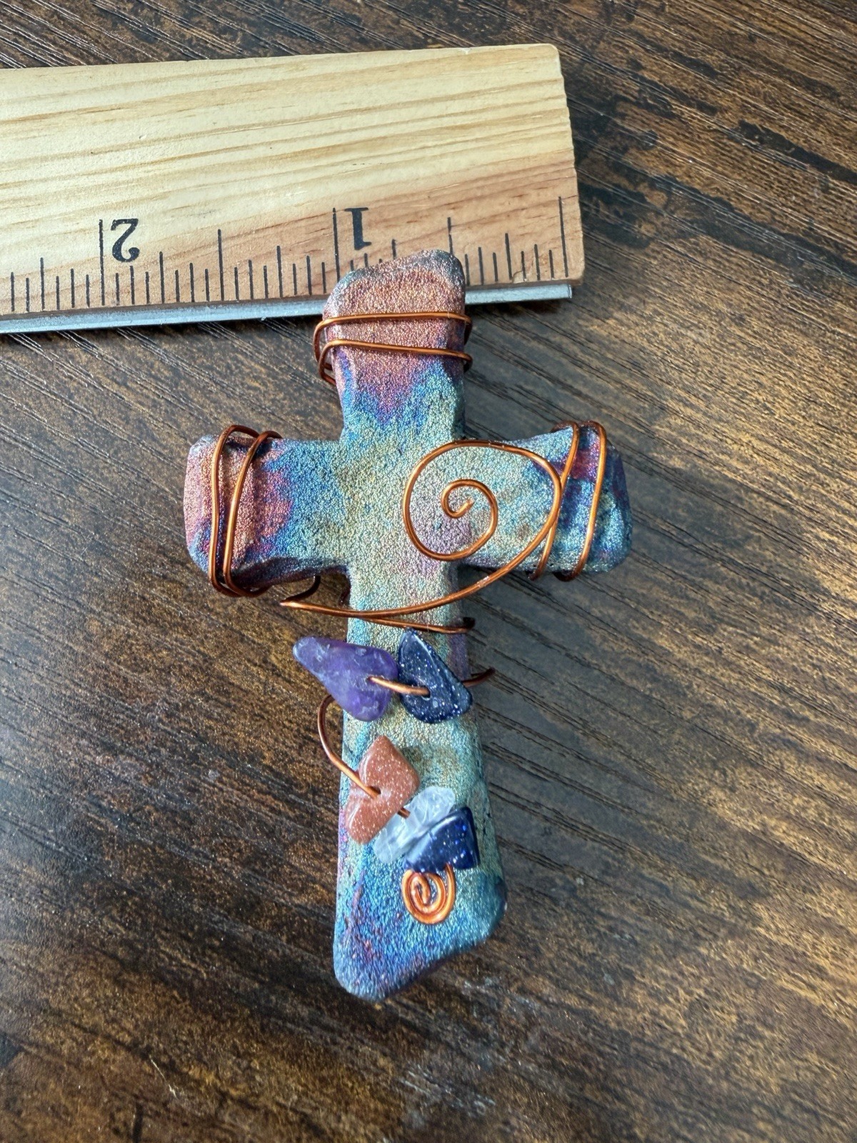Jeremy Diller Raku Pottery Cross Magnet Art Iridescent w Copper Wire & Stones