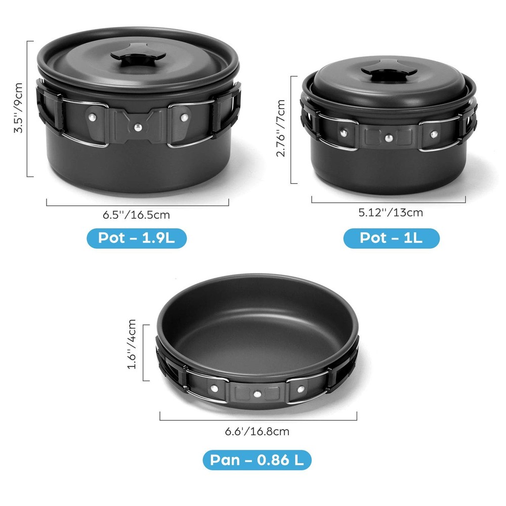 Odoland 16pcs Camping Cookware Mess Kit with Folding Silver, Black