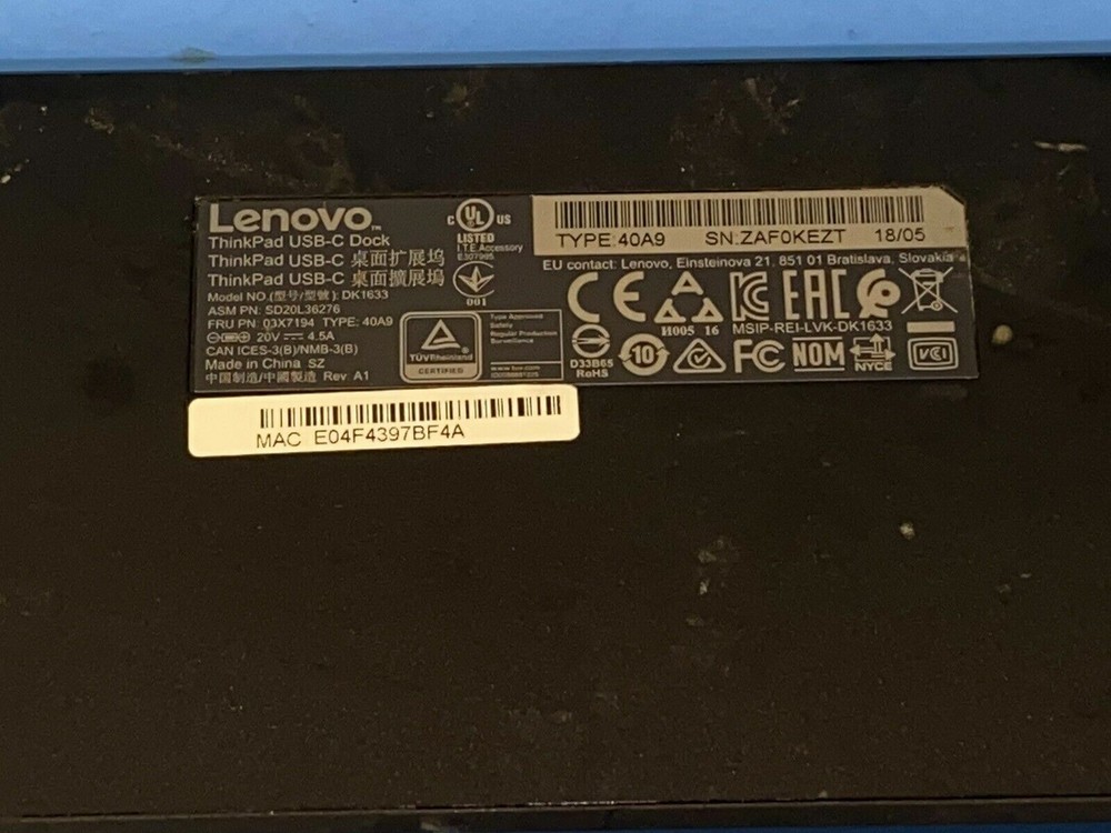 LENOVO THINKPAD USB-C DOCK MODEL:DK1633