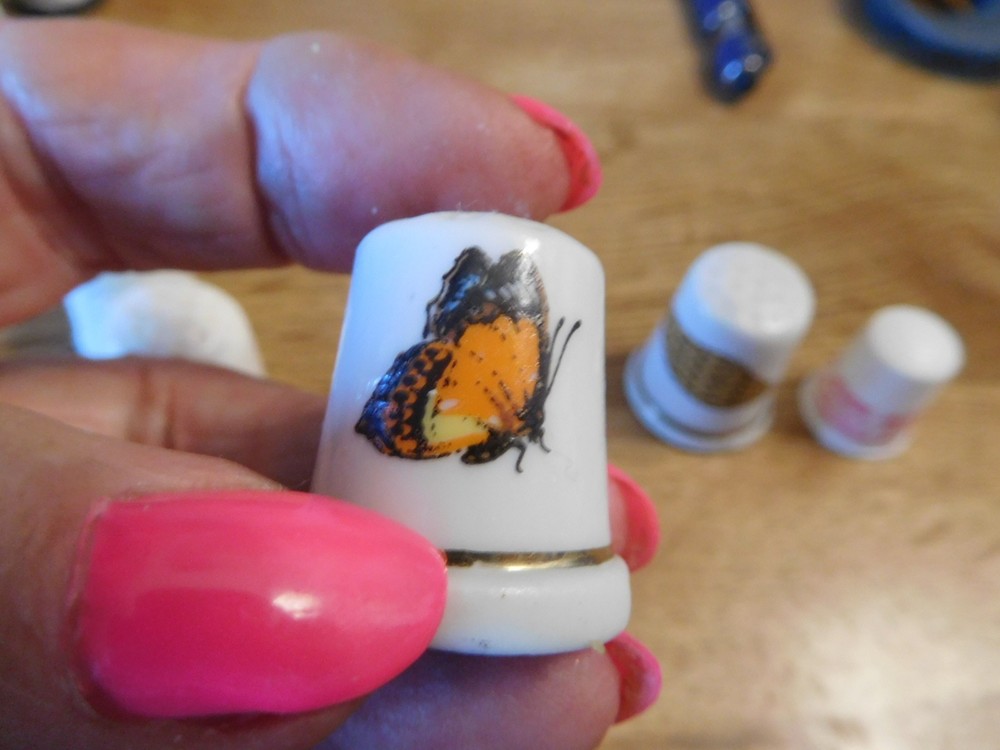 5 vintage thimbles-Rabbit,teddy bear,butterfly, shell, Jesse Jackson