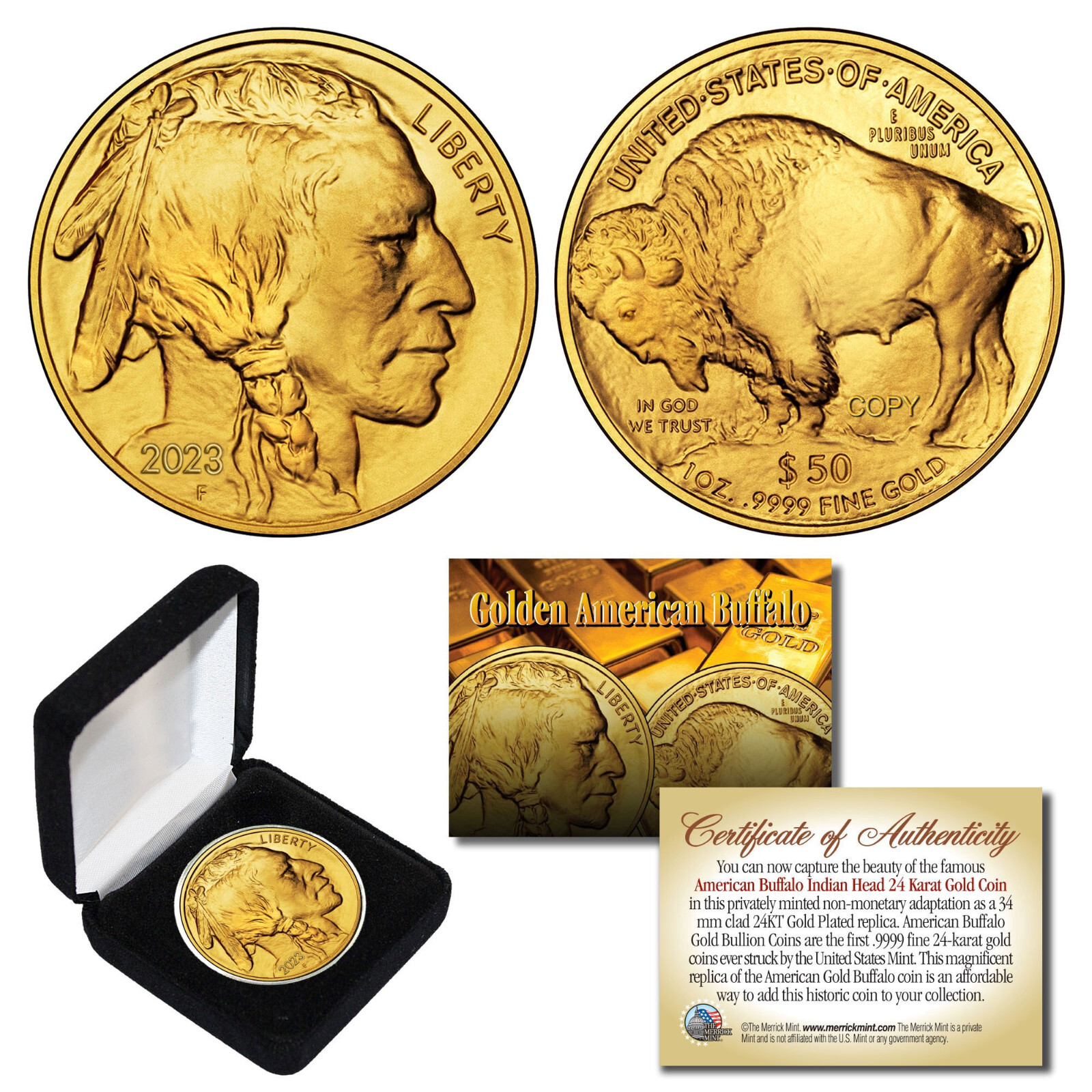 2022 24K Gold Plated $50 AMERICAN GOLD BUFFALO Indian Head TRIBUTE Coin w/ Box