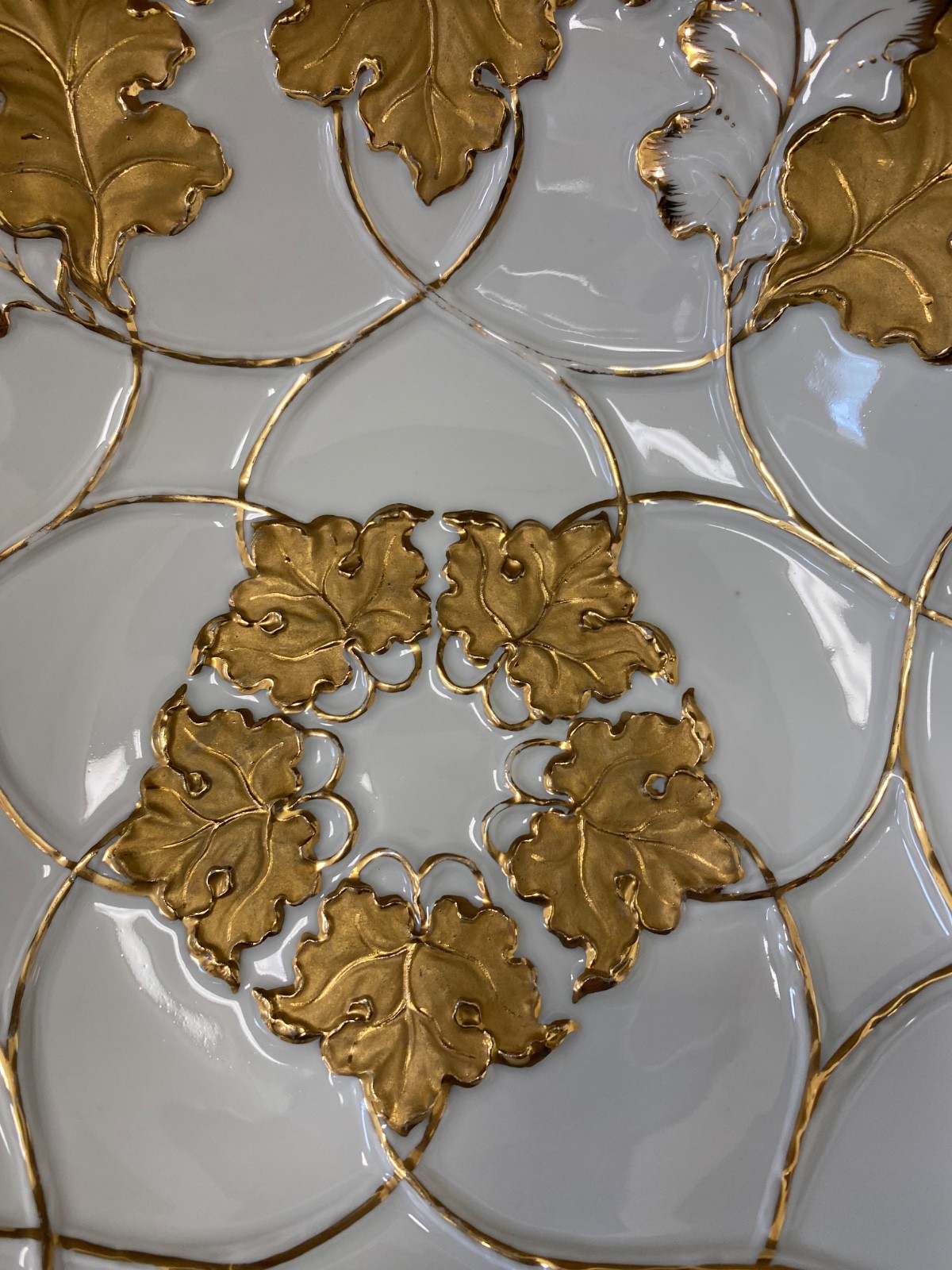 Antique Meissen Porcelain Fruit Bowl Serving Dish Gold Leaves 11"