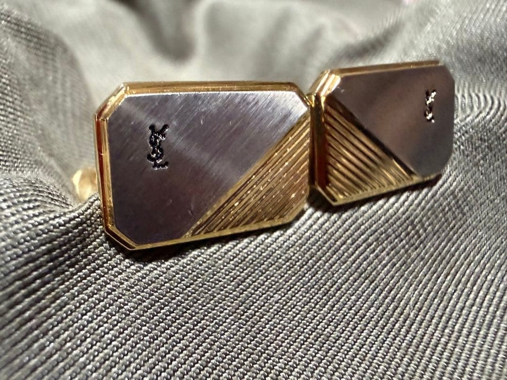 Yves Saint Laurent Cufflinks Vintage Rectangular Gold Silver Stripe