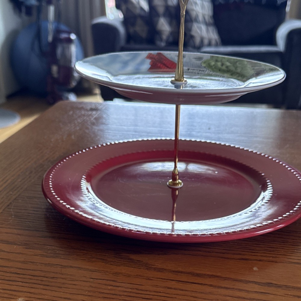 Two-Tier Ceramic Serving Tray Red Round Lighthouse Coastal Handle