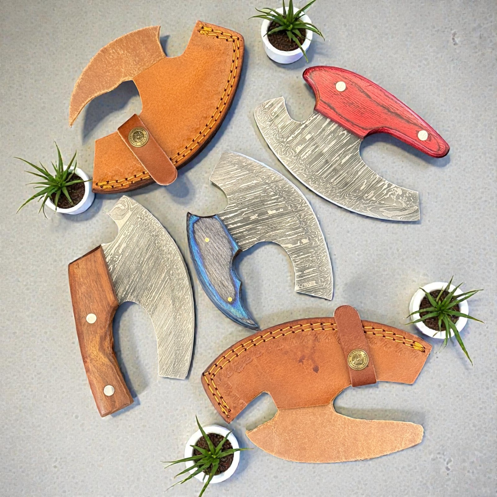 ULU Knife | Lot of 3 | Damascus Steel | Pakka Wood | Handmade | D1222