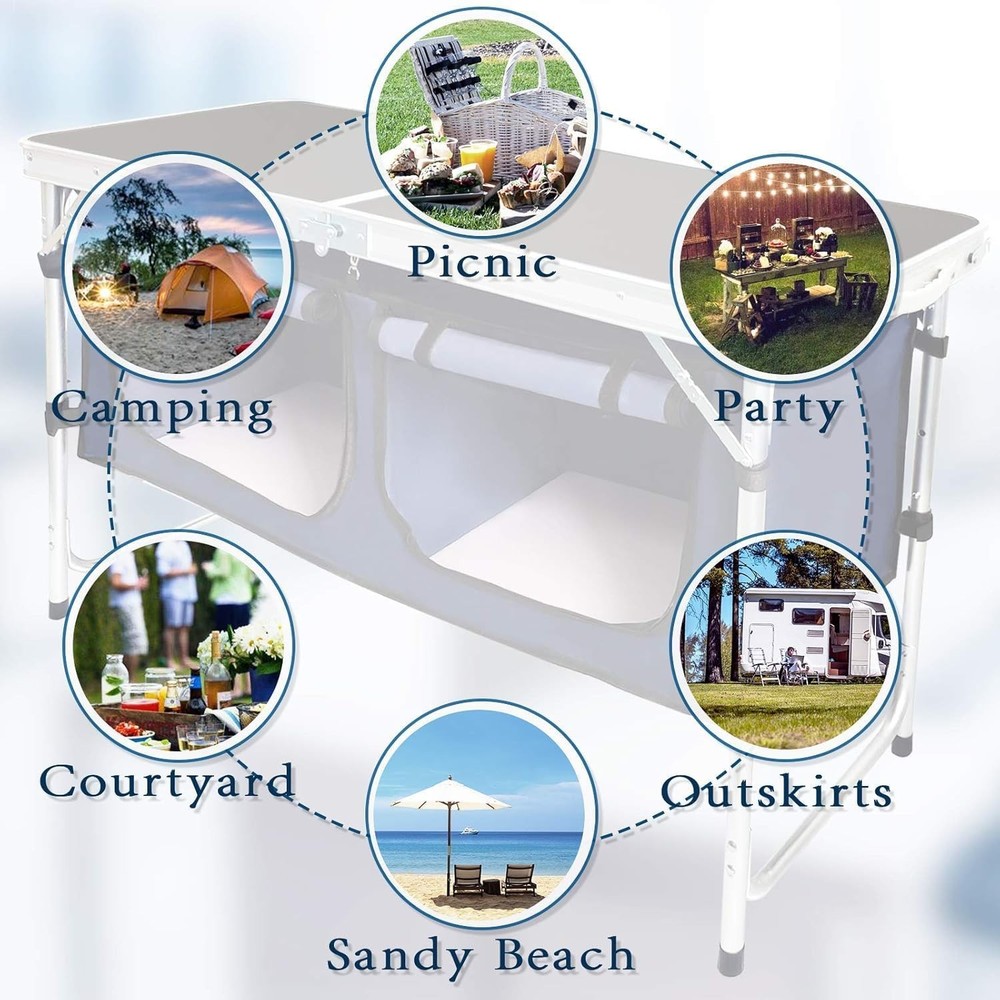 Folding Camping Table W/ Storage Compartment Aluminum Lightweight Camp Kitchen