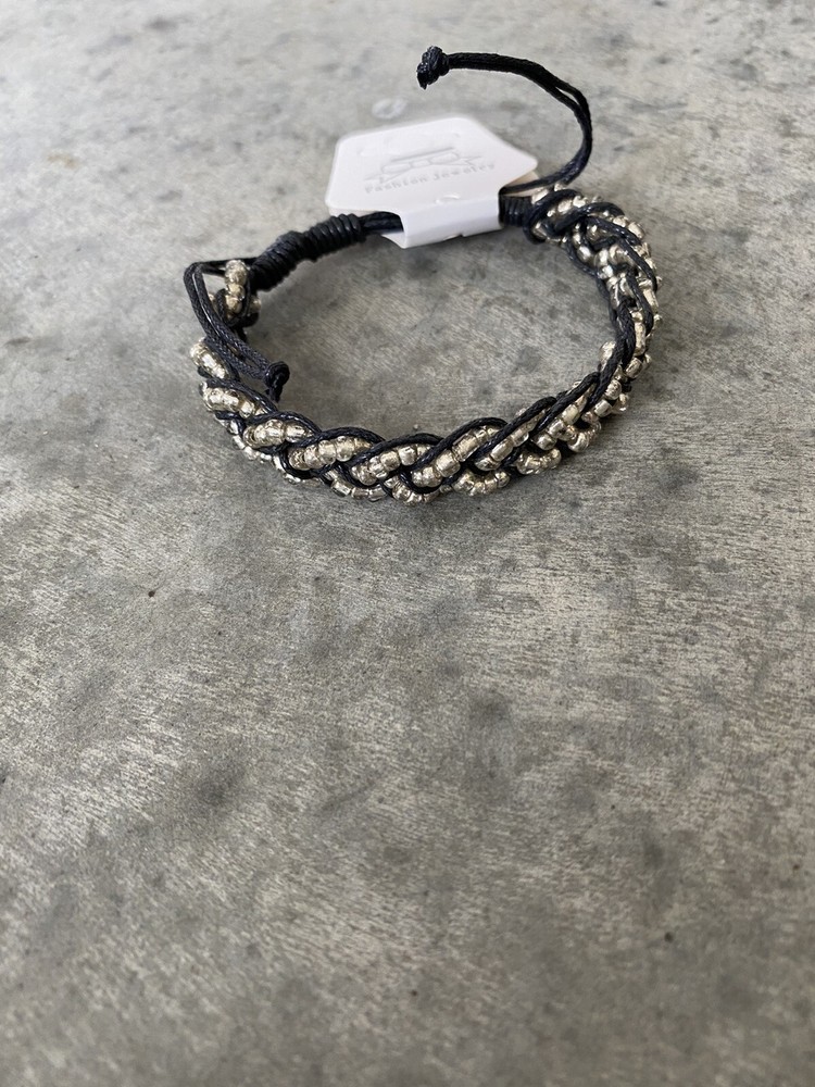 Artisan Black Silver Beaded Woven Braided Bracelet