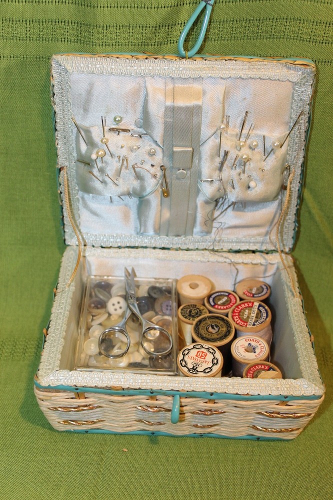 Vintage wicker sewing box w/ buttons needles pins thread