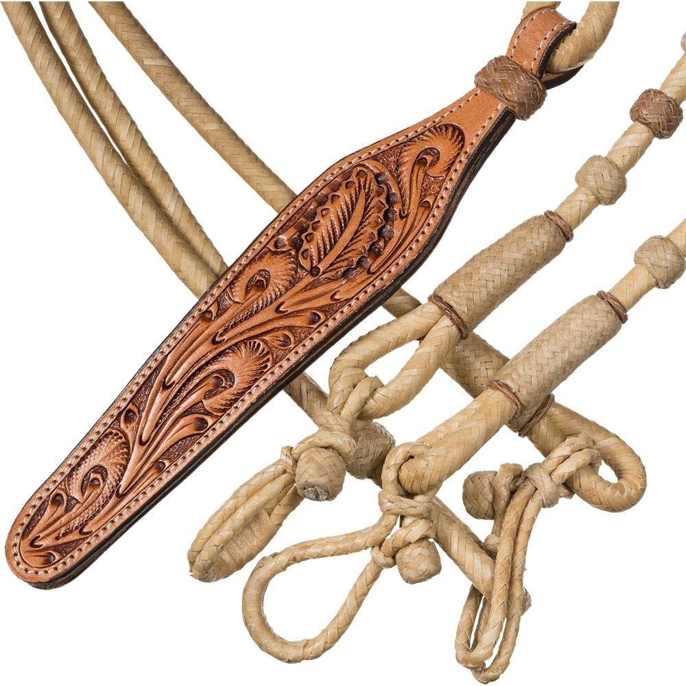 Rawhide Braided Romel Reins - 30 Plait - Natural Color with Leather Popper
