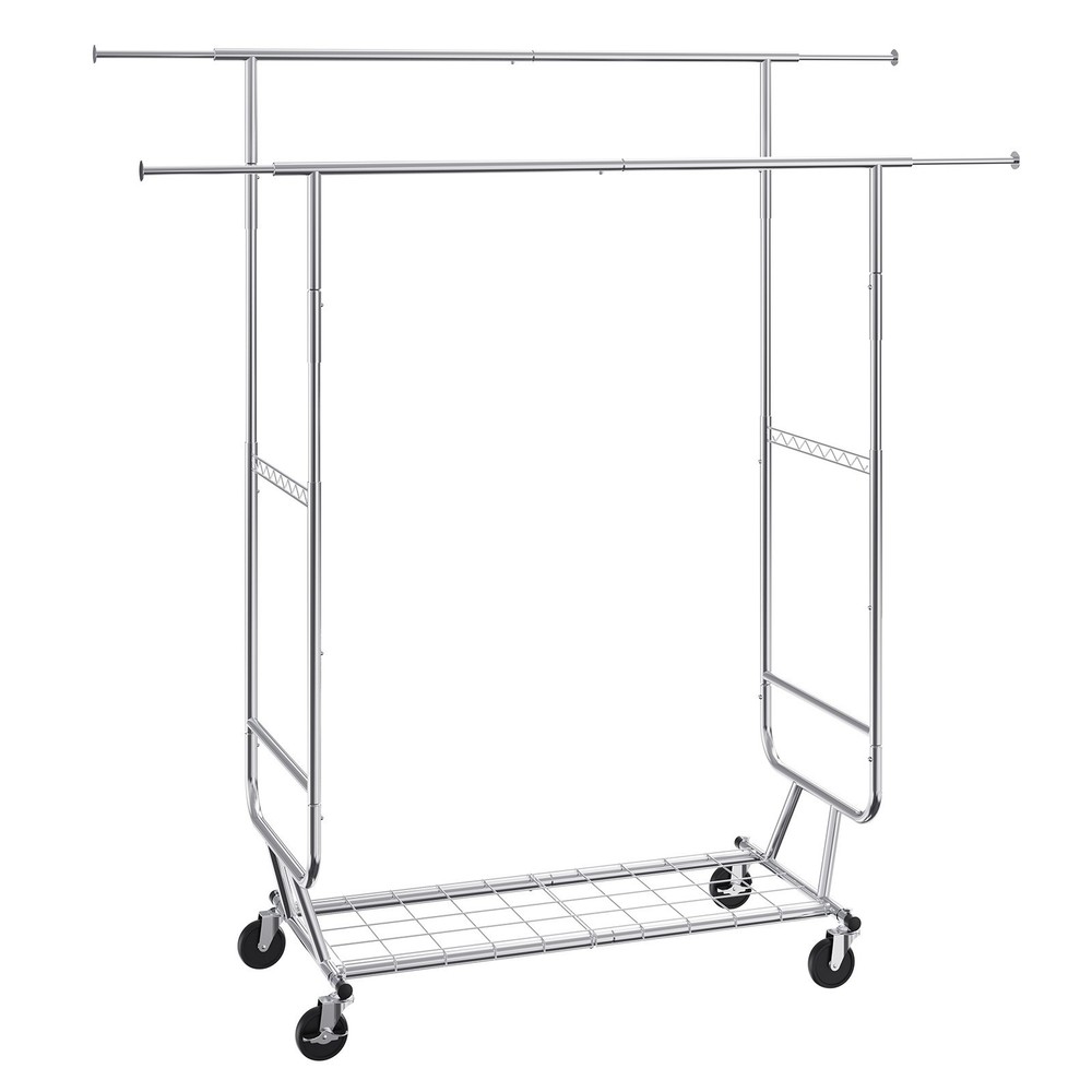 Mobile Coat Rack, Retractable Adjustable, Heavy Duty Chrome with Bottom Shelf