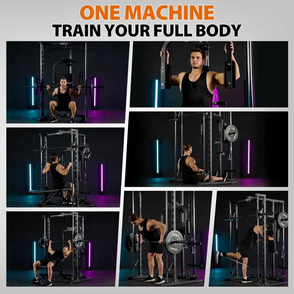 Smith Machine Home Gym Power Rack w/ Pec Deck Lat Pulldown & Low Row