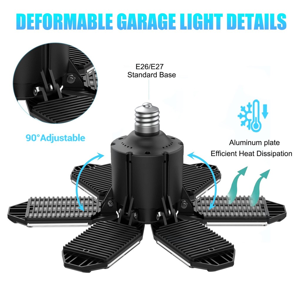 150W LED Garage Lights, 15000LM, 6 Deformable Panels, E26/E27 for Workshop