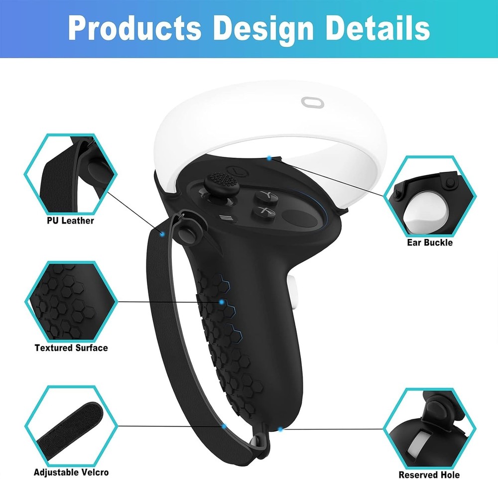 Black Adjustable Controller Grips for Oculus Quest 2 - Enhanced Game Comfort