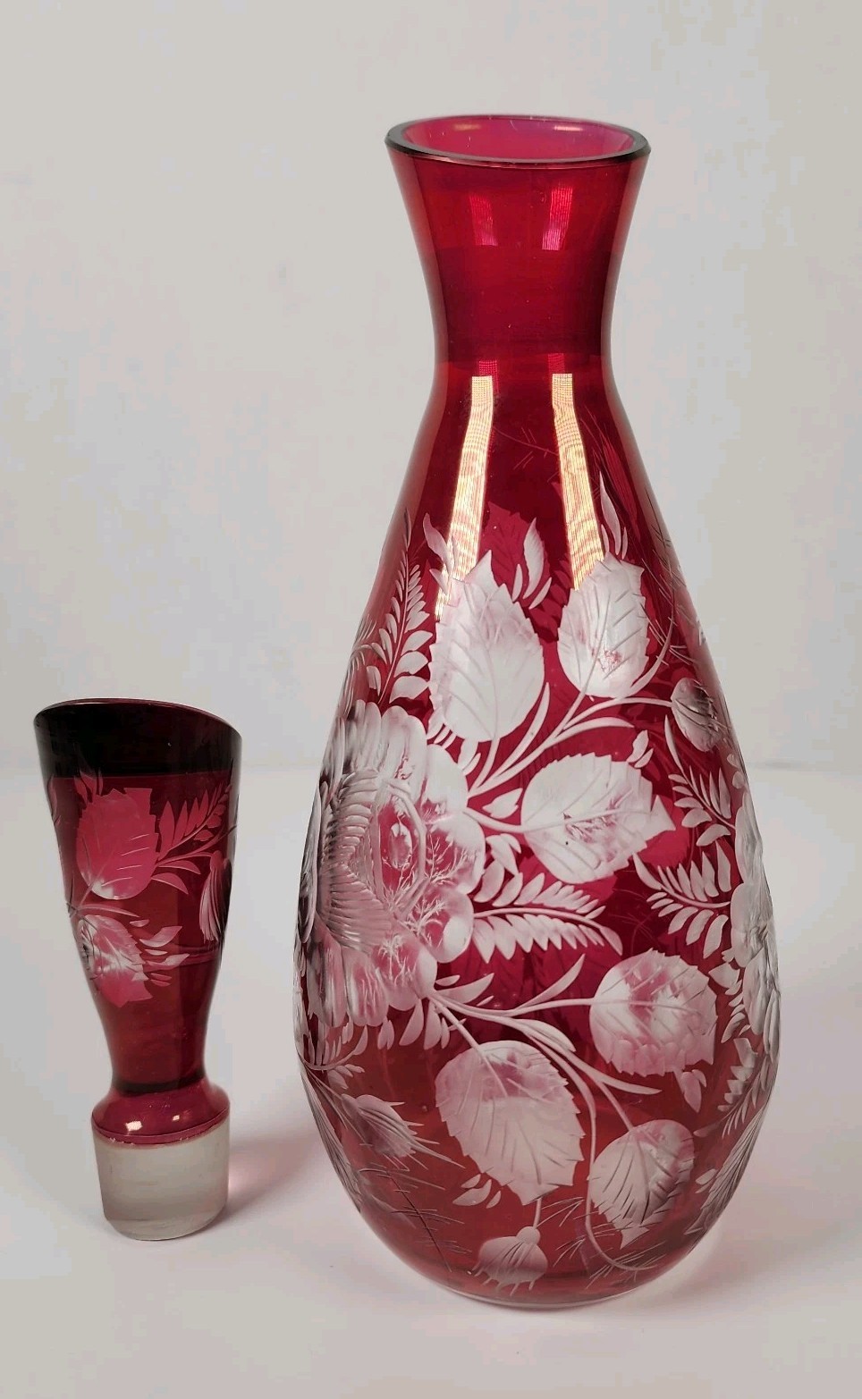 Bohemian Art Glass Ruby Red Liquor Decanter Etched Floral Design Vintage