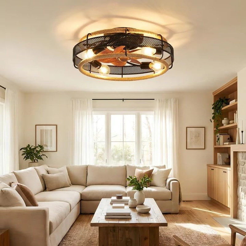 20'' Flush Mount Caged Ceiling Fan, Boho Flush Mount Ceiling Fan with Light with