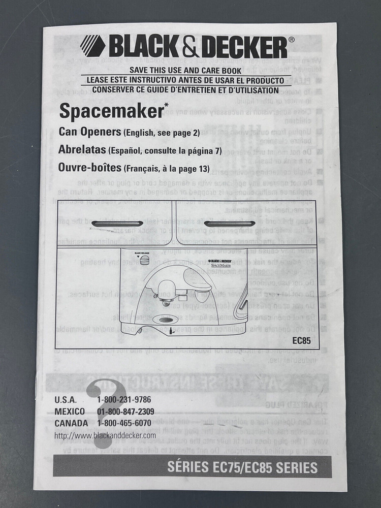 BLACK+DECKER Spacemaker Under-Counter Can Opener Knife Sharpener EC85 OPEN BOX
