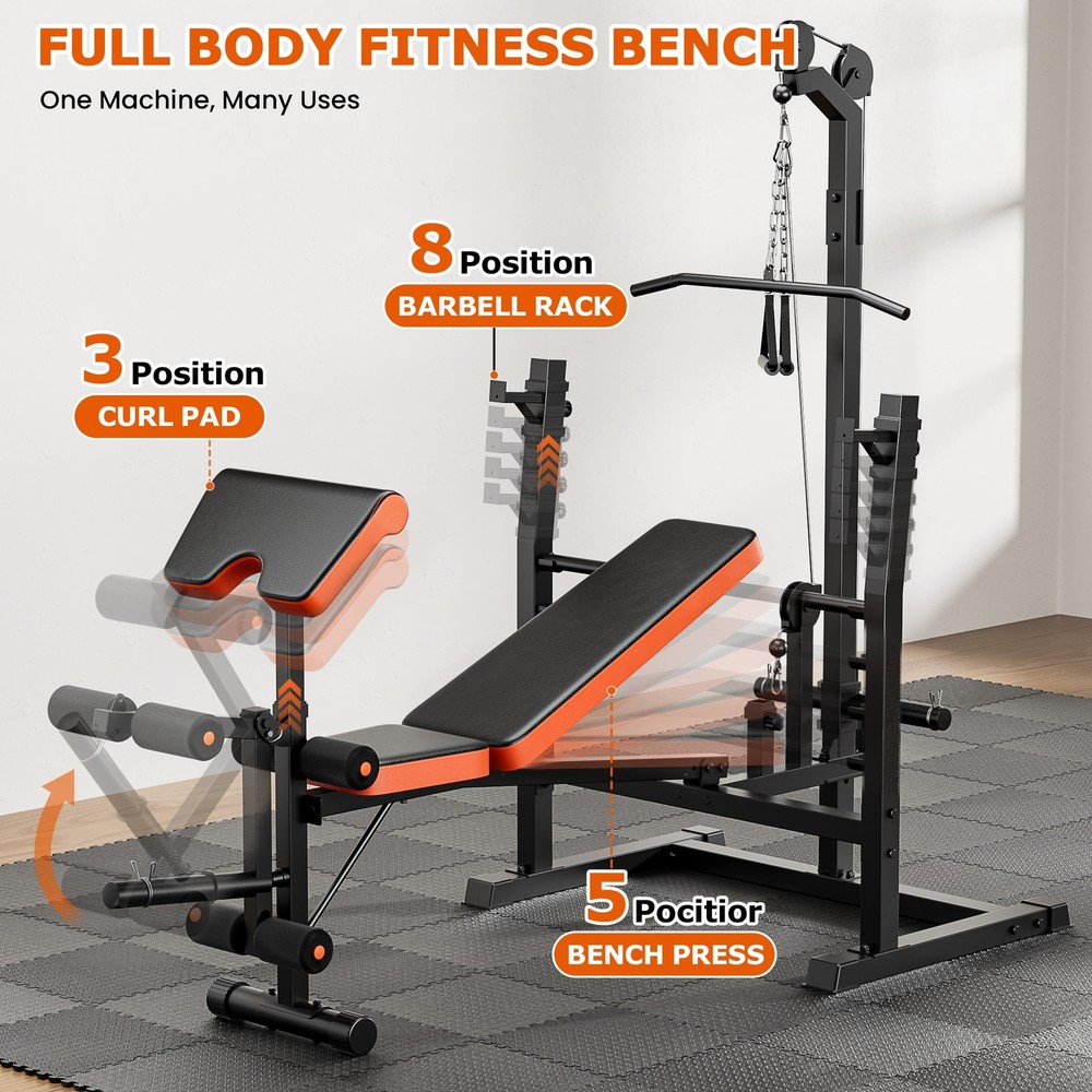 9-in-1 Adjustable Olympic Weight Bench with Lat Pulldown, Row, Squat Rack & L...