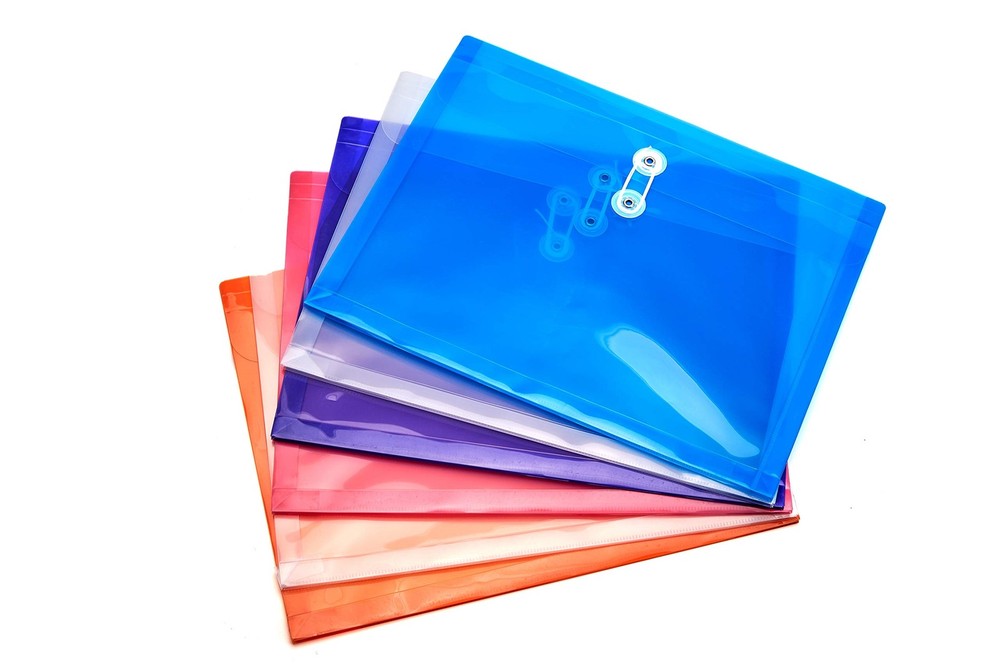Plastic Letter Size Envelopes with Button & String Assorted Colors - 6 Pack