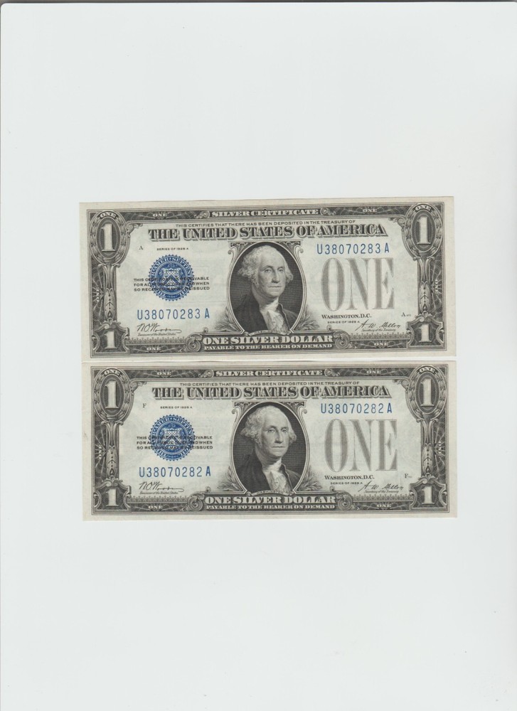 2-1928-A $1 "FUNNY BACK" SILVER Certificates Lightly circulated  consecutively #