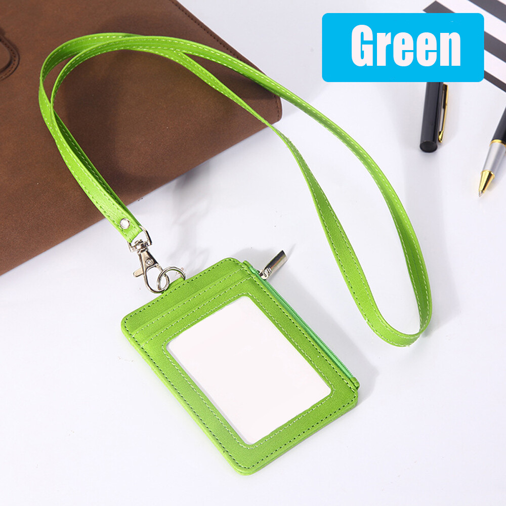 Vertical Leather ID Card Holder Badge Wallet Pocket W/6 Slot Neck Strap Lanyard