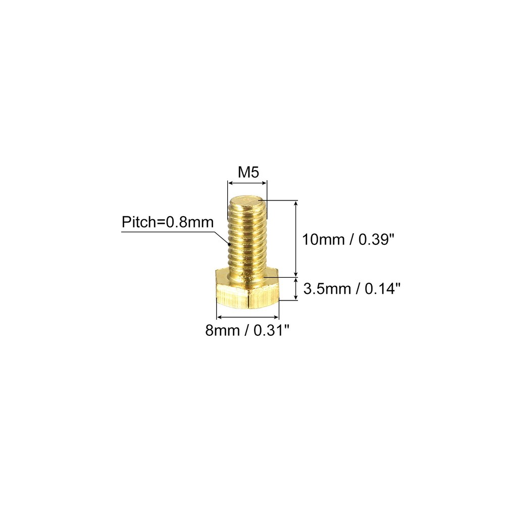Brass Hex Bolts, M5x10mm 5pcs Fully Thread Grade 4.8 Machine Screws
