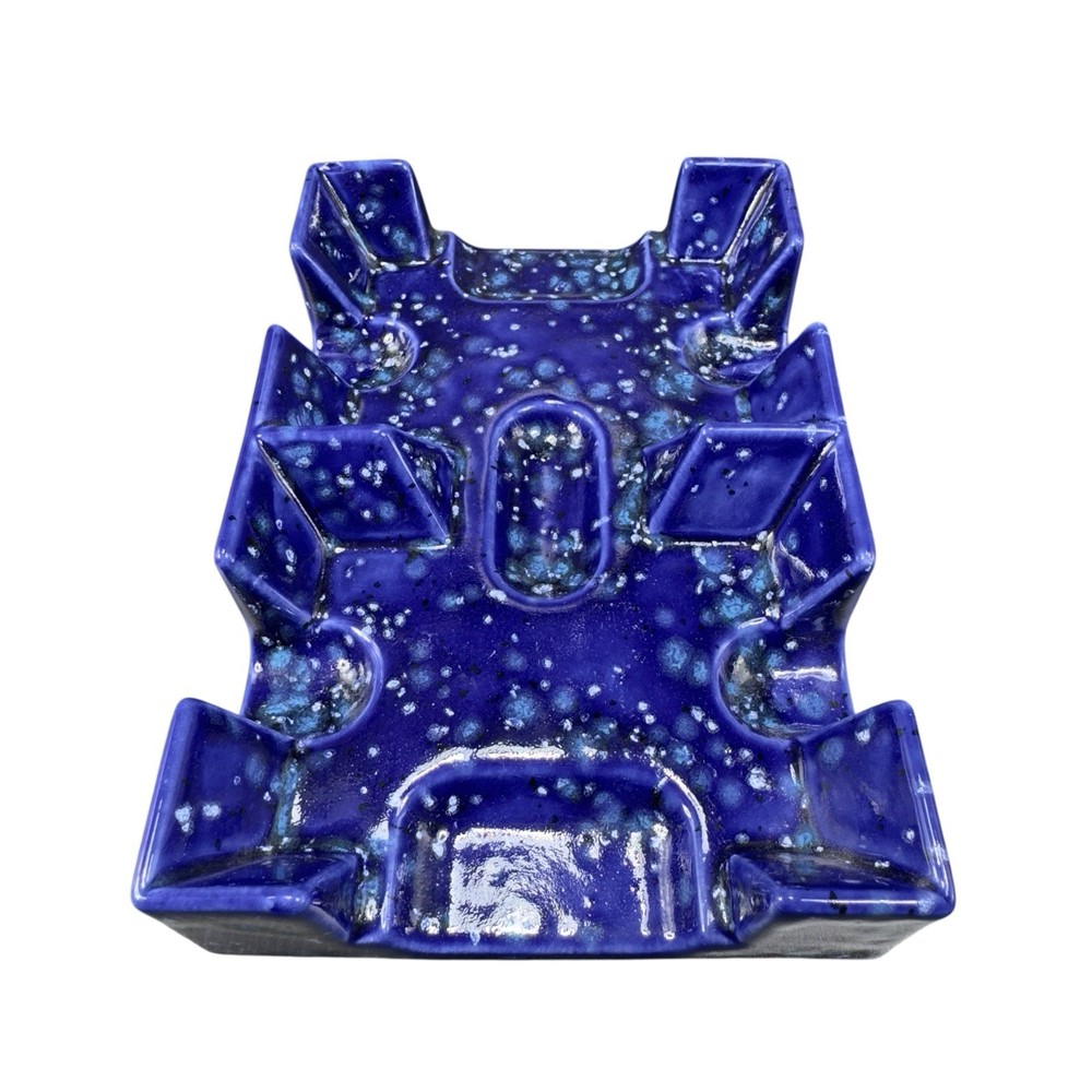 Vintage Hand Made Pottery Ashtray Dish Blue Speckled Glaze Rectangular Container
