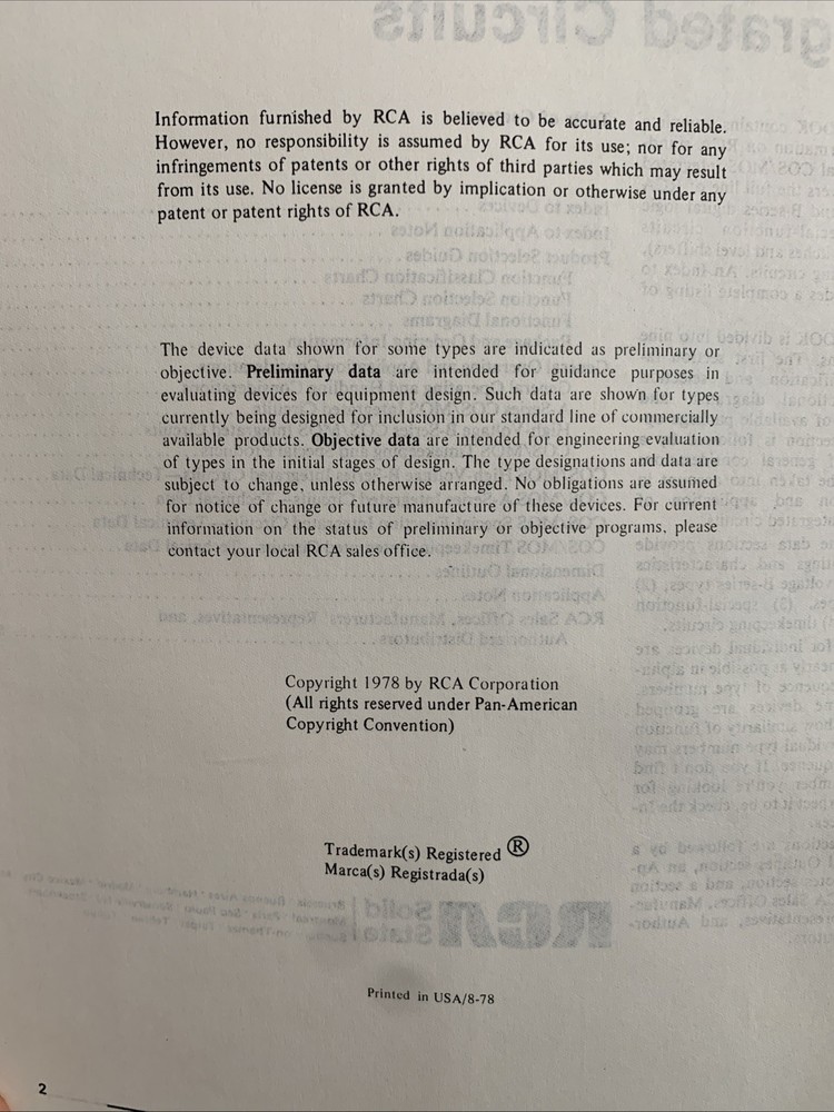 RCA COS/MOS Integrated Circuits SSD-250A 1978 Databook Solid State Vintage