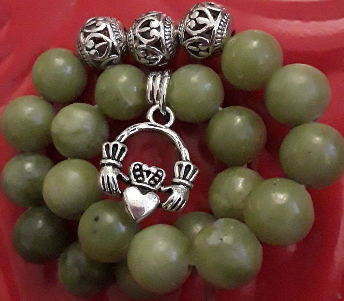 Connemara Marble Bead Bracelet with Irish Claddagh Charm