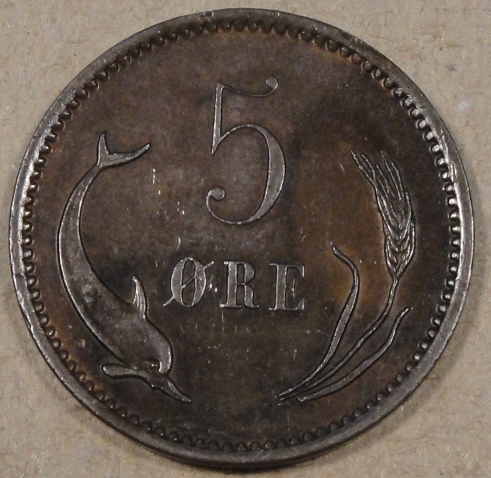 Denmark 1906 Five Ore Better Circulated Grade Coin