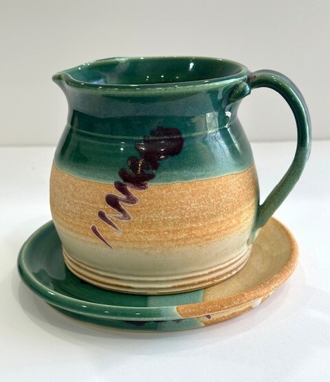 vintage handmade studio pottery PITCHER with PLATE SIGNED